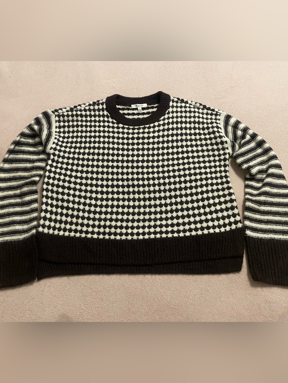 Madewell Black and White Patterned Crewneck Sweater women’s alpaca wool blend